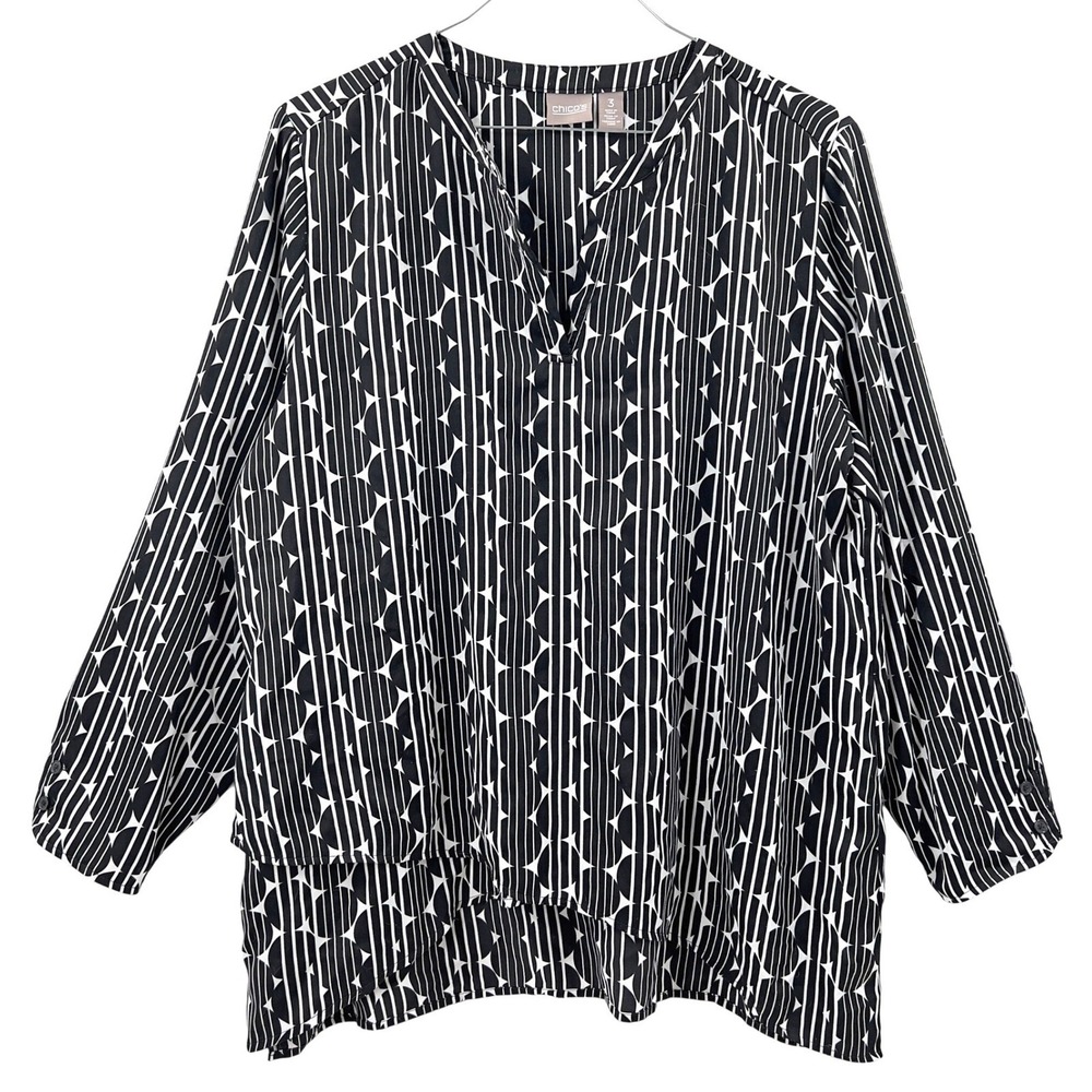 Chicos Womens Tunic Top Blouse Black White Geometric‎ Stripe 3 | XL